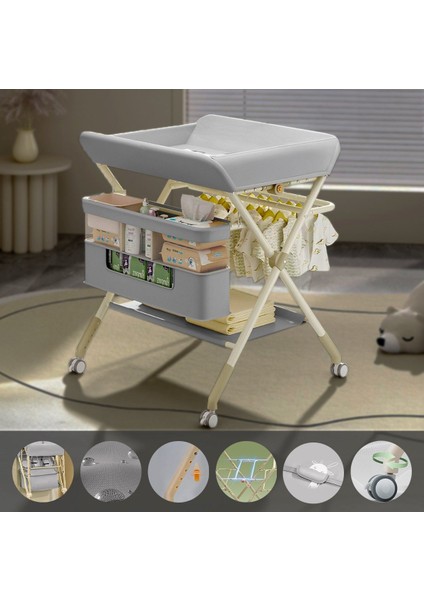 Portatif Bebek Alt Değiştirme Bakım Masası Sepetli Organizer Katlanabilir Taşınabilir Istasyon Tekerlekli Askılık