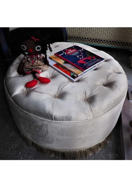 Beyaz Kapitoneli 70X40 cm Dekoratif Püsküllü Vintage Puf modelleri