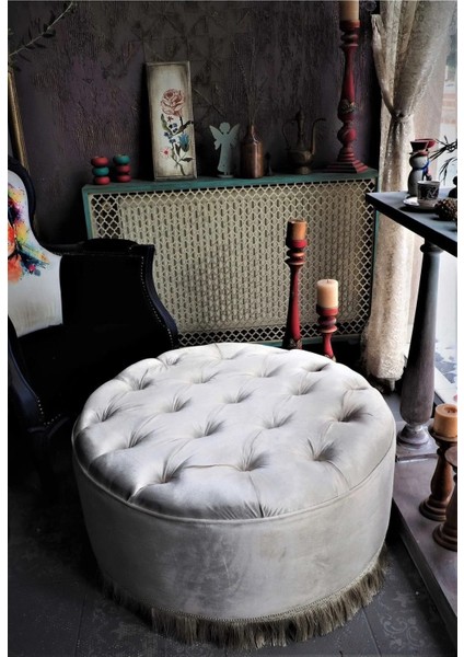 Beyaz Kapitoneli 70X40 cm Dekoratif Püsküllü Vintage Puf indirimleri