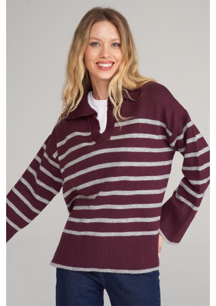 Çetinkaya Fithit 2137 Kadın V Yaka Akrilik Yırtmaçlı Triko Kazak Mürdüm