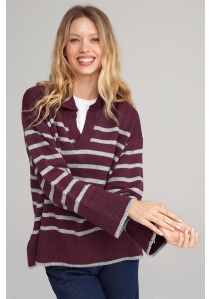 Çetinkaya Fithit 2137 Kadın V Yaka Akrilik Yırtmaçlı Triko Kazak Mürdüm modelleri