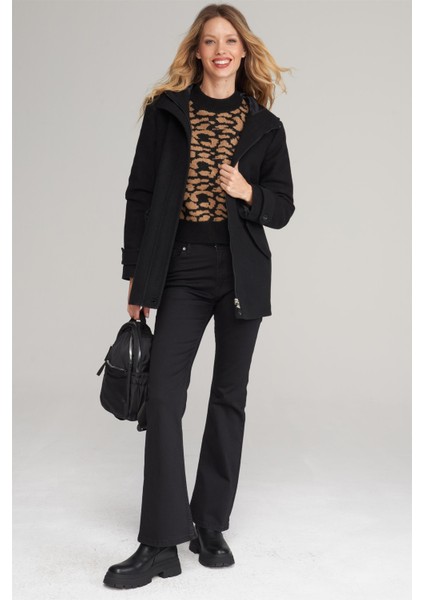 Çetinkaya Fithit 9036 Kadın Kapüşonlu Fermuarlı Kaban Siyah