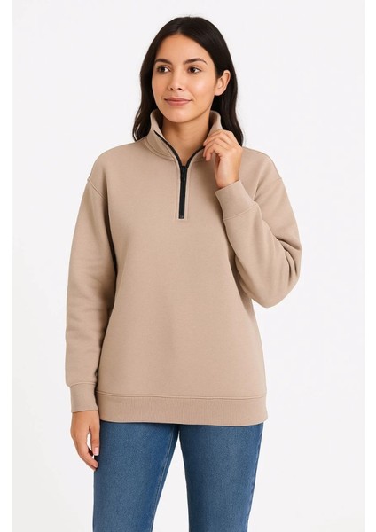 Üç Iplik Dık Yaka Yarım Fermuarlı Sweatshirt - Bej