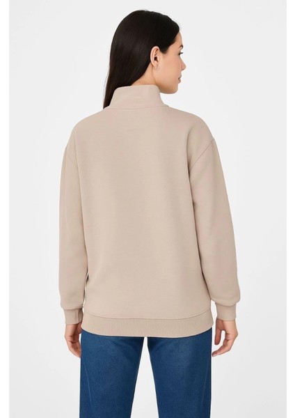 Üç Iplik Dık Yaka Yarım Fermuarlı Sweatshirt - Bej fiyatları