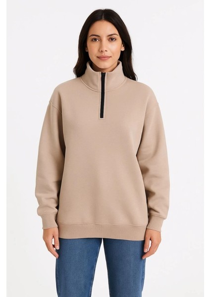 Üç Iplik Dık Yaka Yarım Fermuarlı Sweatshirt - Bej modelleri