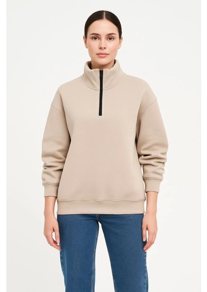 Üç Iplik Dık Yaka Yarım Fermuarlı Sweatshirt - Bej fırsatları