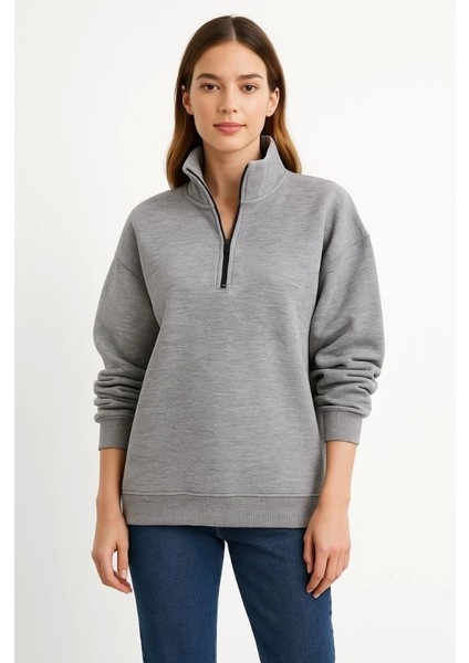 Üç Iplik Dık Yaka Yarım Fermuarlı Sweatshirt - Gri modelleri
