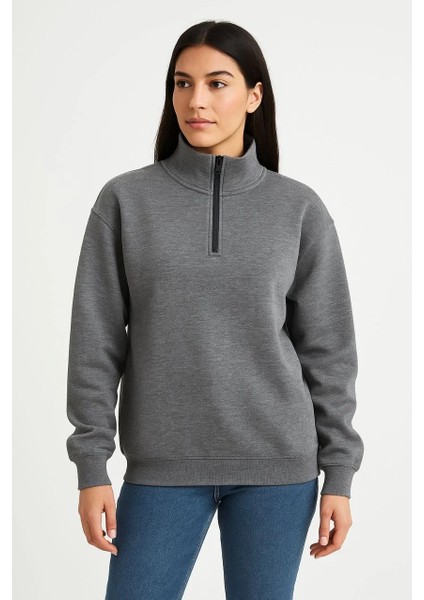 Kadın Üç Iplik Dık Yaka Yarım Fermuarlı Sweatshirt - Antrasit
