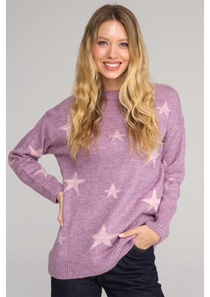 Çetinkaya Fithit 2321 Kadın Bisiklet Yaka Akrilik Simli Jakarlı Triko Kazak Açık Mor