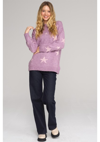 Çetinkaya Fithit 2321 Kadın Bisiklet Yaka Akrilik Simli Jakarlı Triko Kazak Açık Mor fiyatları