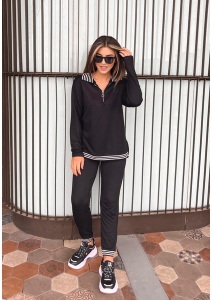 Eyesof Kadın Uzun Kollu Ribana ve Fermuar Detay Bluz ve Yüksel Bel Pantolon 2li Takım