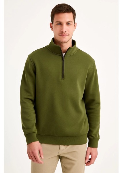 Erkek Dik Yaka Sweatshirt Dik Yaka Yarım Fermuarlı 3 Iplik Şardonlu Pamuk Kumaş - Haki fırsatları
