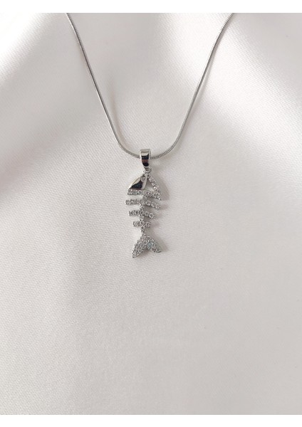 Kadın Paslanmaz Çelik Zirkon Taşlı Balık Kılçığı Kolye