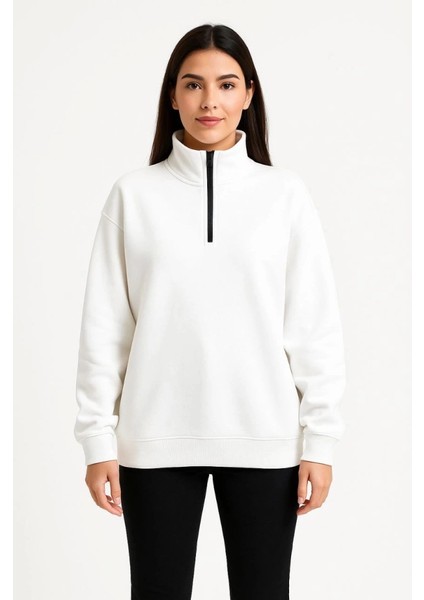 Üç Iplik Dık Yaka Yarım Fermuarlı Sweatshirt - Beyaz fırsatları