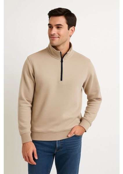 Erkek Dik Yaka Sweatshirt Dik Yaka Yarım Fermuarlı 3 Iplik Şardonlu Pamuk Kumaş - Bej modelleri