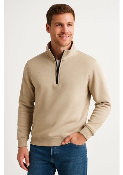 Erkek Dik Yaka Sweatshirt Dik Yaka Yarım Fermuarlı 3 Iplik Şardonlu Pamuk Kumaş - Bej fırsatları