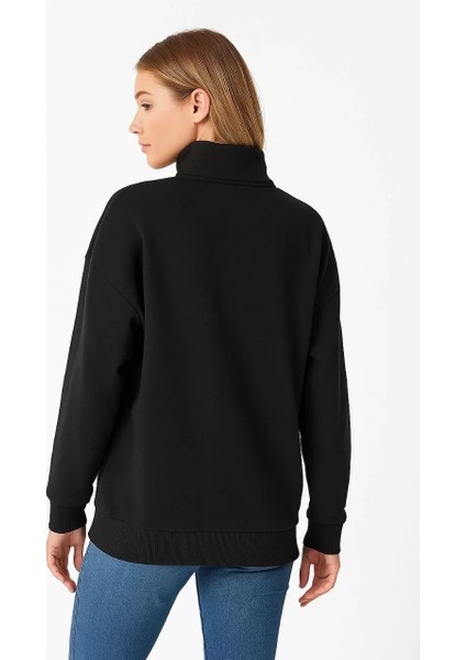 Kadın Üç Iplik Dık Yaka Yarım Fermuarlı Sweatshirt - Siyah
