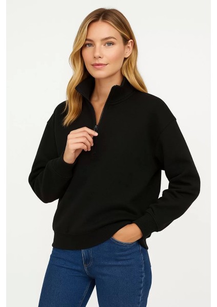 Kadın Üç Iplik Dık Yaka Yarım Fermuarlı Sweatshirt - Siyah