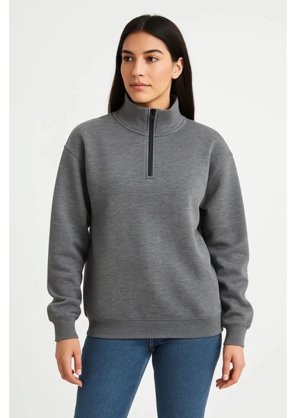 Üç Iplik Dık Yaka Yarım Fermuarlı Sweatshirt - Antrasit