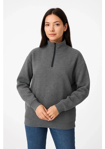 Üç Iplik Dık Yaka Yarım Fermuarlı Sweatshirt - Antrasit fiyatları