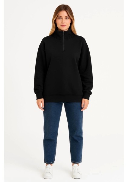 Üç Iplik Dık Yaka Yarım Fermuarlı Sweatshirt - Siyah fiyatları
