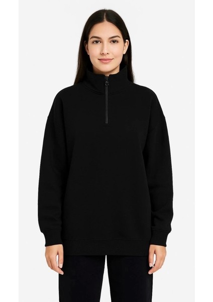 Üç Iplik Dık Yaka Yarım Fermuarlı Sweatshirt - Siyah modelleri