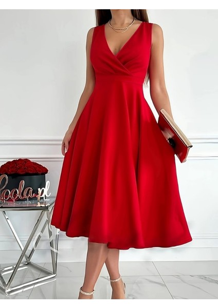 Eyesof Kadın Ithal Krep Kumaş Kruvaze Yaka Eteği Kloş Kolsuz Mini Elbise indirimleri