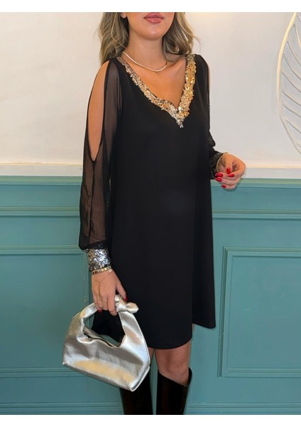 Eyesof Kadın Siyah Uzun Kollu Kollar Tül Yırtmaçlı V Yakalı Kısa Krep Elbise indirimleri