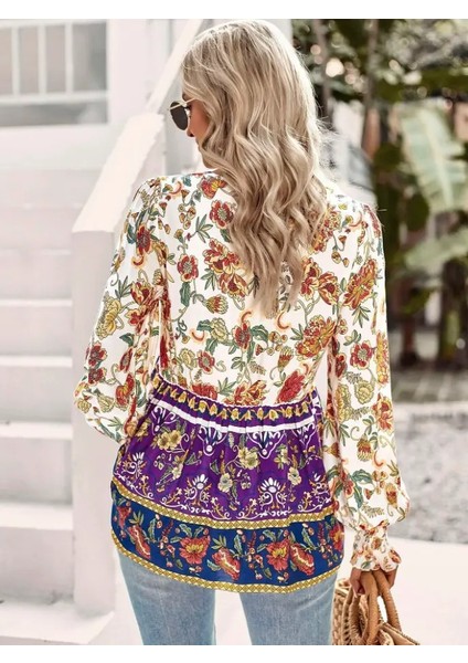 Eyesof Kadın Uzun Kollu Yakası Açık Bağcıklı Çiçek Desenli Salaş Bluz indirimleri