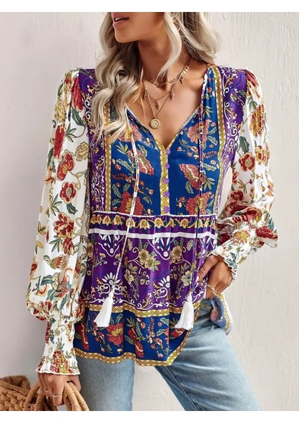 Eyesof Kadın Uzun Kollu Yakası Açık Bağcıklı Çiçek Desenli Salaş Bluz