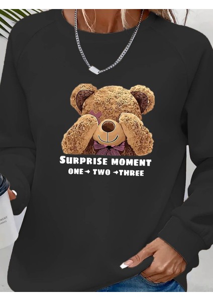 Eyesof Kadın Uzun Kollu Bisiklet Yaka Ayıcık Desenli Viskon Iki Iplik Bluz