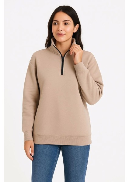 Kadın Üç Iplik Dık Yaka Yarım Fermuarlı Sweatshirt - Bej