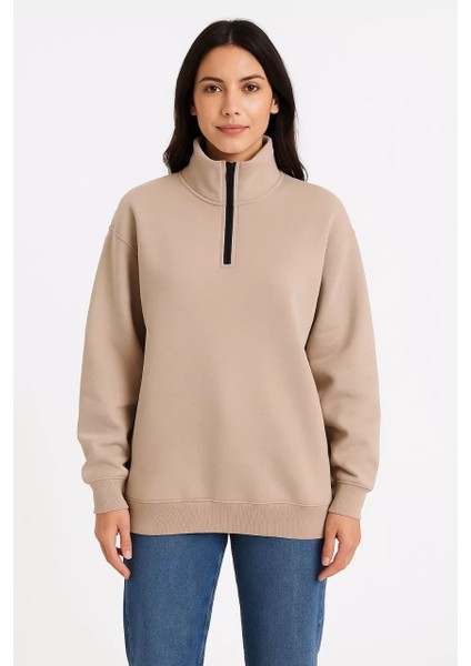 Kadın Üç Iplik Dık Yaka Yarım Fermuarlı Sweatshirt - Bej modelleri