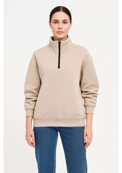 Kadın Üç Iplik Dık Yaka Yarım Fermuarlı Sweatshirt - Bej fırsatları