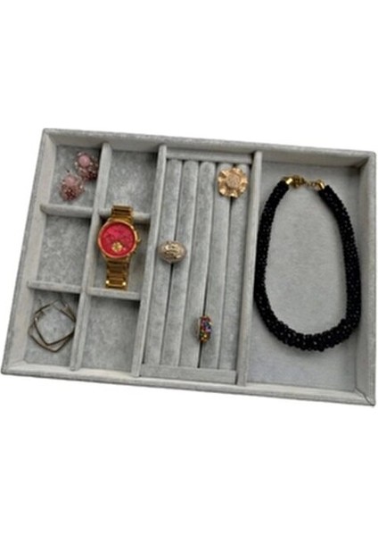 Yerli Yerli Süet Gri Yüzük-Küpe-Bileklik-Kolye Takı Kutusu (Aydındecor)