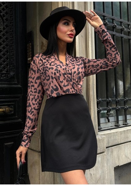 Eyesof Kadın Uzun Kollu Kruvaze Yaka Krep Mini Boy Elbise