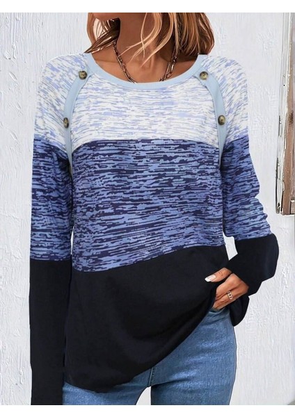 Eyesof Kadın Uzun Kollu Yuvarlak Yaka Baskılı Düğme Detay Süprem Bluz fırsatları