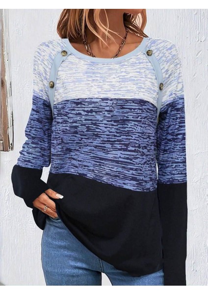 Eyesof Kadın Uzun Kollu Yuvarlak Yaka Baskılı Düğme Detay Süprem Bluz