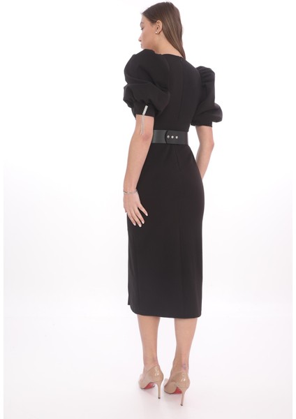 Siyah V Yaka Balon Kol Kemerli Midi Elbise fırsatları