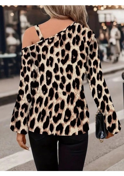 Kadın Uzun Kollu Tek Omuzu Açık Tokalı Leopar Desenli Modal Bluz indirimleri