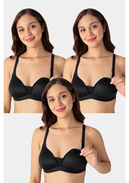 3'lü Paket Siyah Kadın Balensiz Kaplı Emzirme Sütyeni Göğüs Ucu Görünmez Pamuklu Yumuşak Dokulu