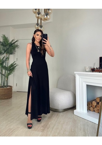 Eyesof Kadın Arkadan Çapraz Detay Yuvarlak Yaka Maksi Viskon Elbise