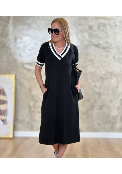 Eyesof Kadın Kısa Kollu V Yaka Kol ve Yaka Ribana Detay Midi Boy Viskon Elbise
