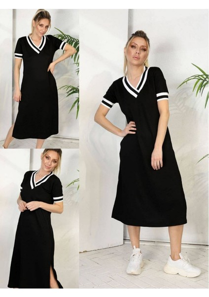 Eyesof Kadın Kısa Kollu V Yaka Kol ve Yaka Ribana Detay Midi Boy Viskon Elbise