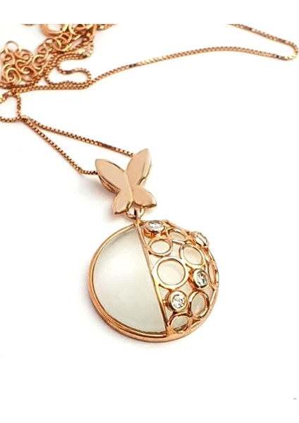 Beyaz kedi gözü taşlı 925 ayar gümüş rose ıtalyan tasarımı kolye