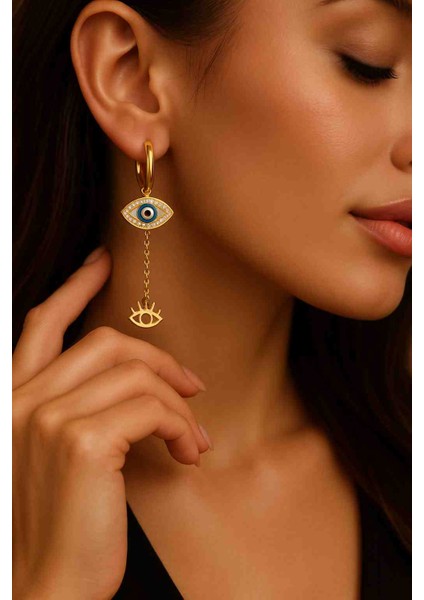 Altın Nazar Boncuklu Zincir Sallantılı Kadın Çelik Küpe