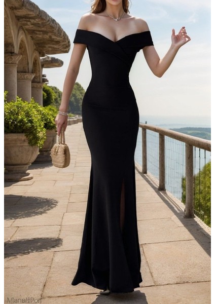 Eyesof Kadın Dalgıç Kumaş Kayık Yaka ve Dekolte Detaylı Elbise