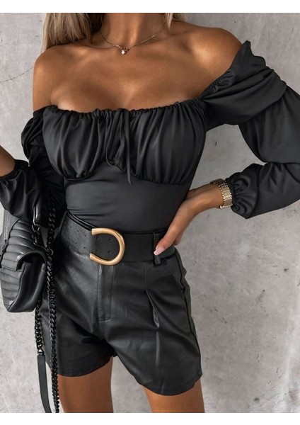 Eyesof Kadın Uzun Kollu Kare Yaka Göğüs Büzgü Detay Sandy Bluz