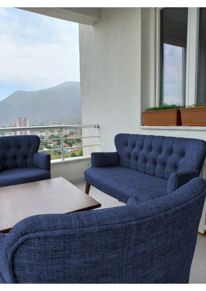 - Roma Çay Seti Koltuk Takımı - Keten Kumaş - Ahşap Ayak - Mavi modelleri