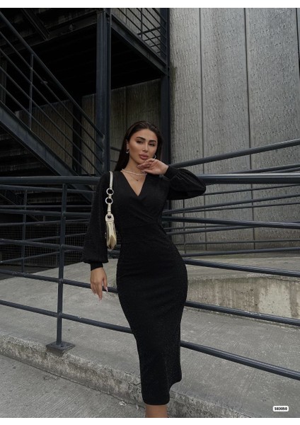 Eyesof Kadın Kruvaze Yaka Balon Kol Simli Krep Kumaş Midi Boy Elbise fiyatları